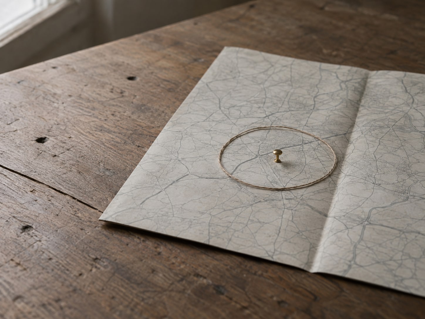 A folded paper street map on a wooden desk with a single brass pushpin standing in one spot and a loose ring of string laid around it.