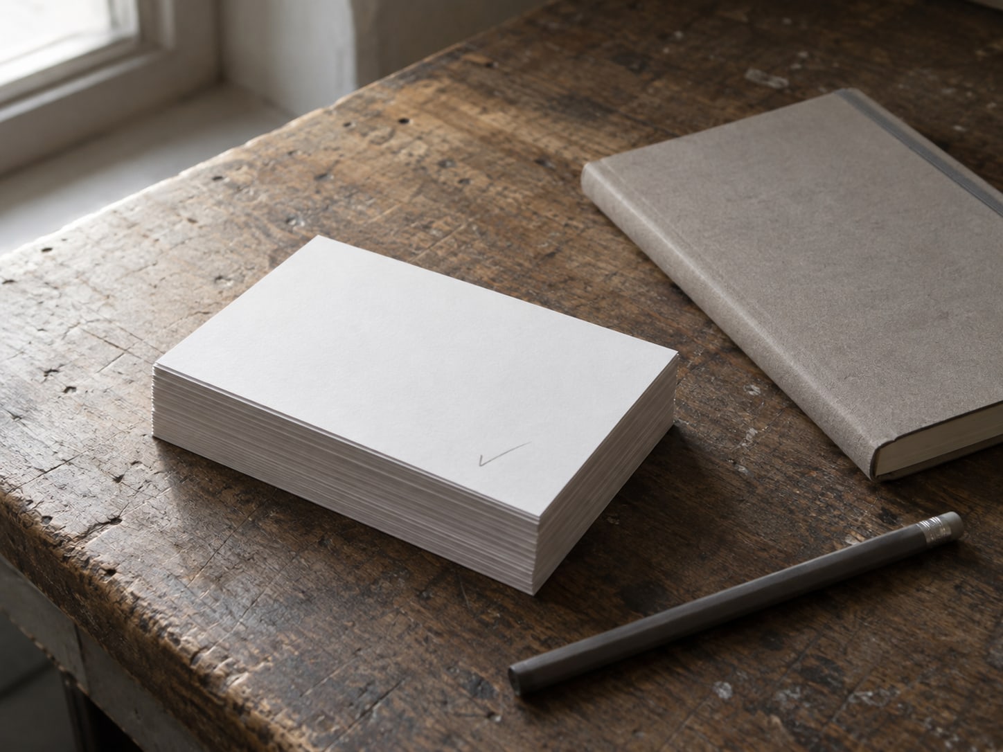 A neat stack of blank index cards squared on a desk, the top card with a faint pencil tick, beside a closed notebook and a pencil.