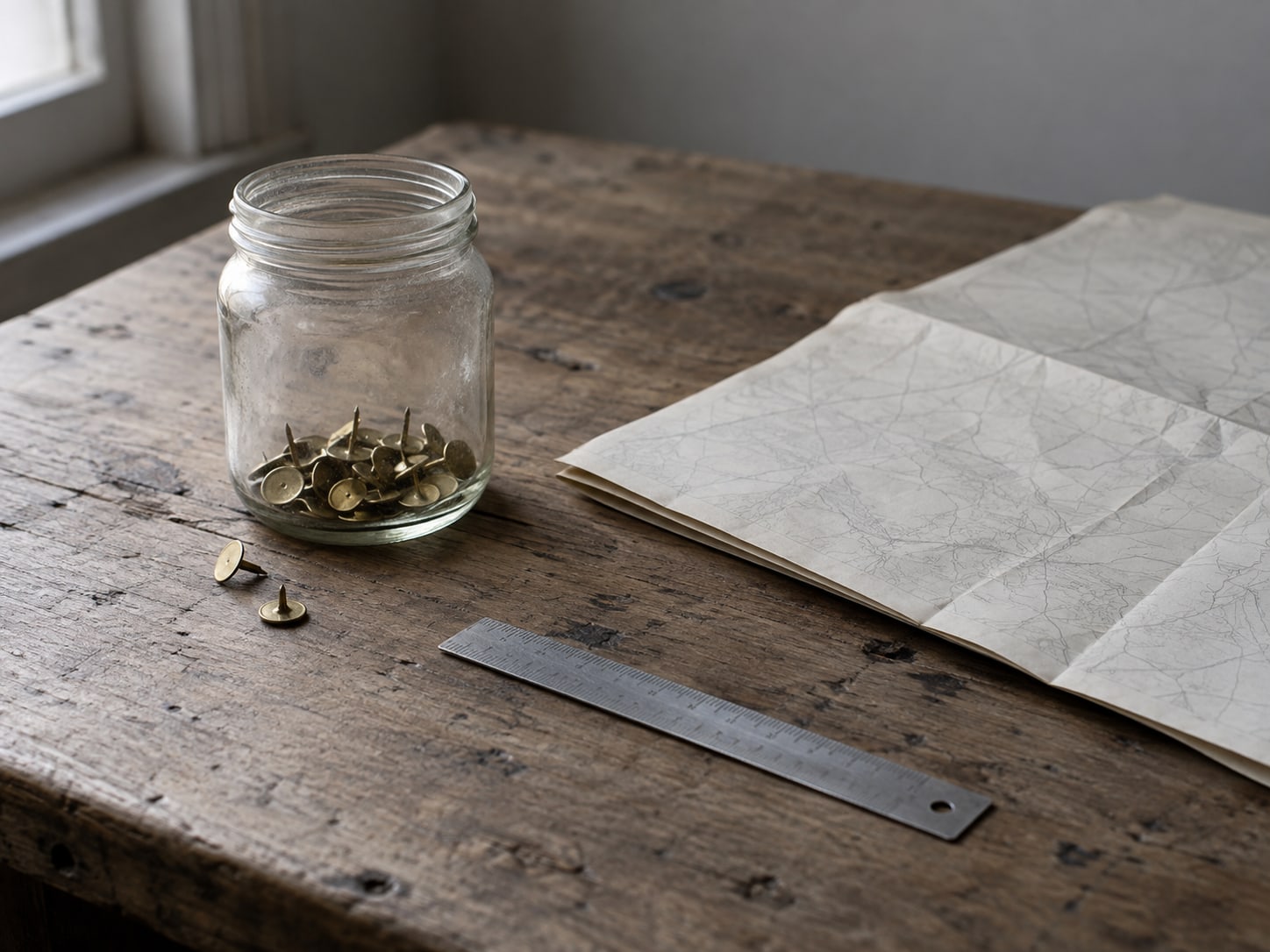 A clear glass jar of loose map pins beside a folded map and a small ruler on a wooden table.