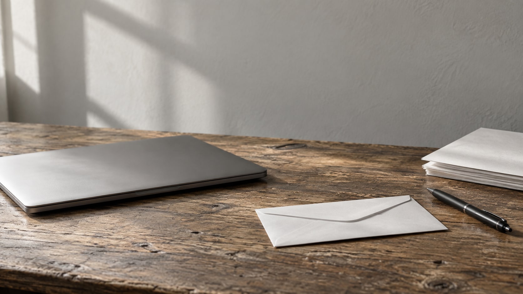 A closed laptop, a sealed envelope and a pen resting on a worn wooden desk beside a small stack of blank papers.