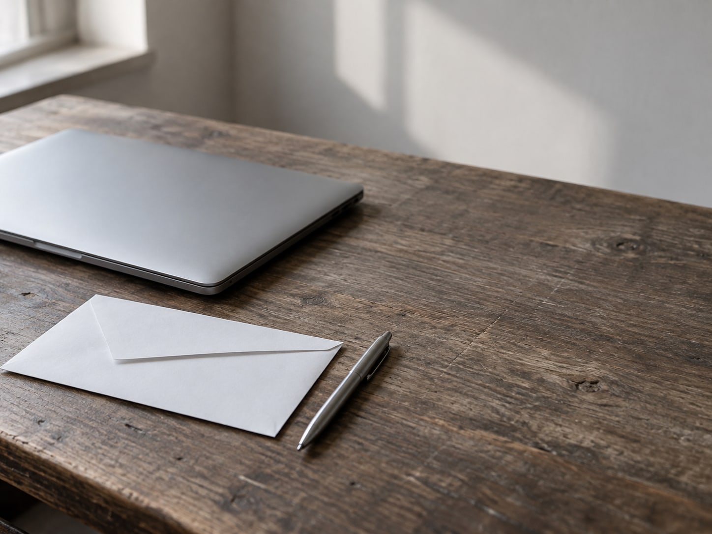 Una laptop cerrada junto a un sobre sellado y un bolígrafo sobre un escritorio de madera gastada.
