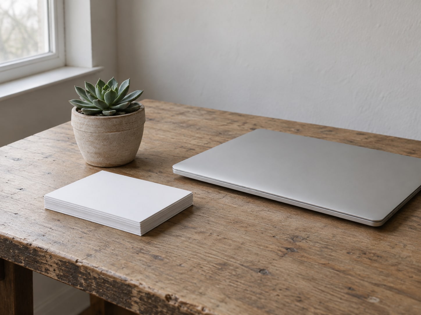 Una pila de tarjetas blancas en blanco y una pequeña suculenta en maceta junto a una laptop cerrada sobre un escritorio de madera.