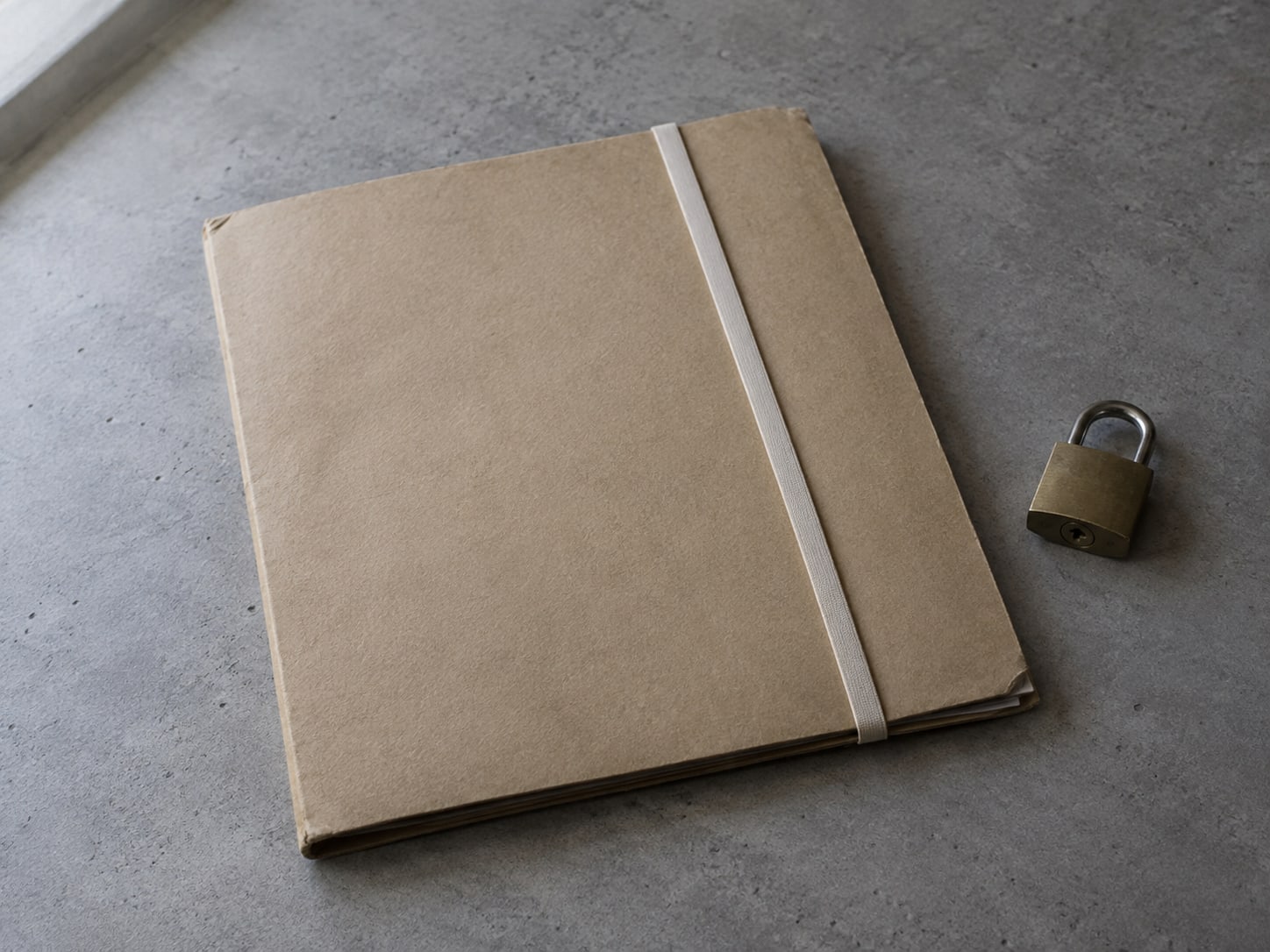 Una carpeta de papel cerrada con una liga elástica sencilla y un pequeño candado sobre un escritorio gris.