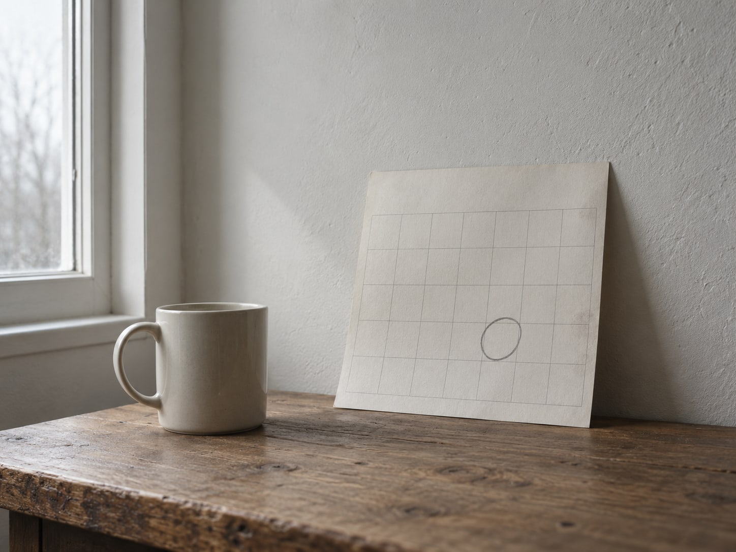 Un pequeño calendario de pared con un solo día marcado con círculo a lápiz, junto a una taza sobre una mesa de madera.
