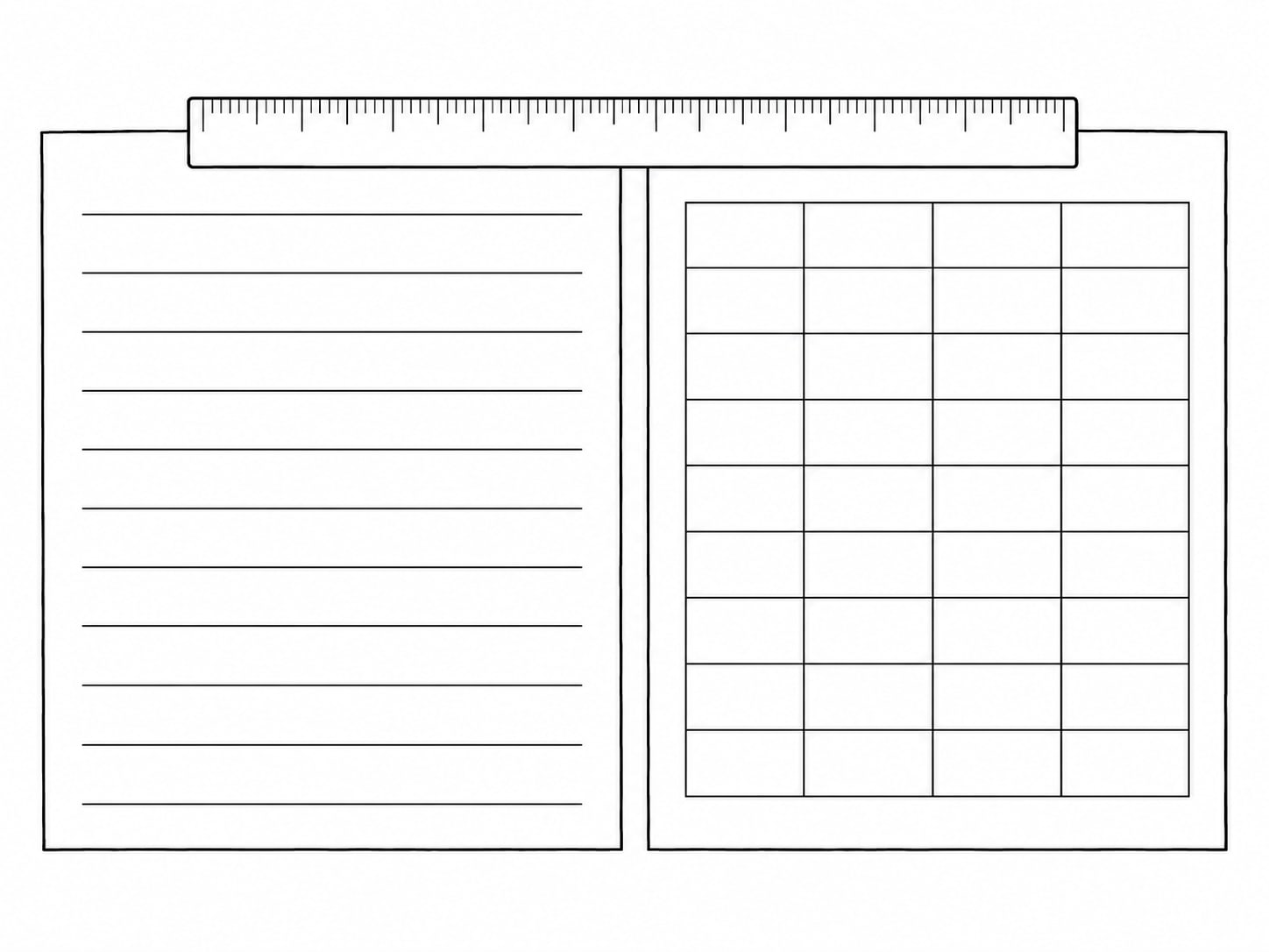 Two printed pages lying side by side on a table, one showing a blank ruled list and the other a blank grid, with a small ruler on top.