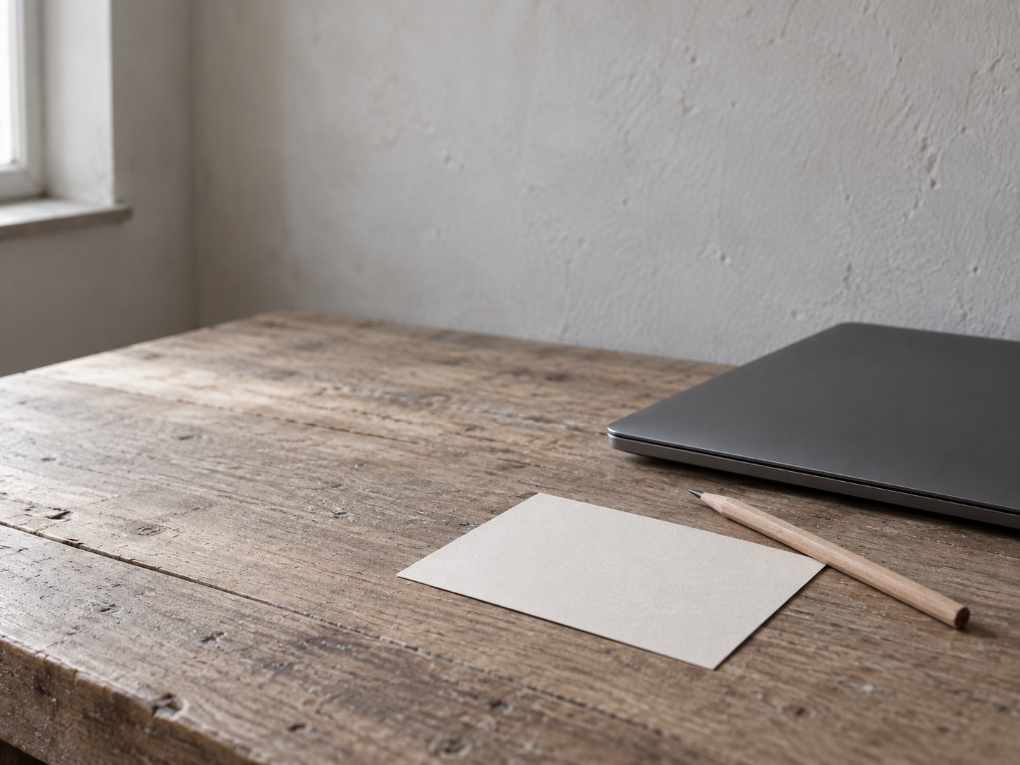 A single blank index card and a sharpened pencil on a clean wooden desk beside a closed laptop.