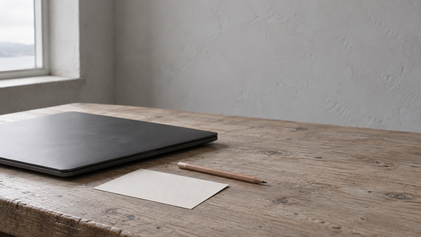 A single blank index card and a pencil set apart from a closed laptop on a clean oak desk.
