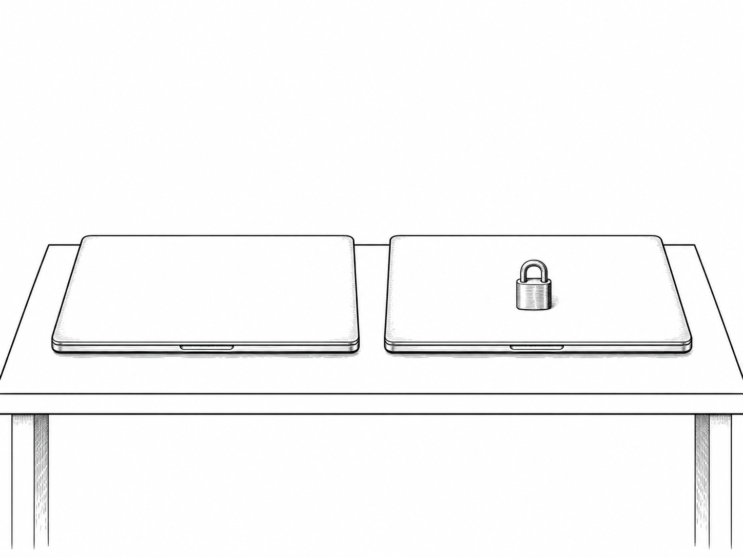 Two closed laptops side by side on a wooden desk, one with a small brass padlock resting on its lid.