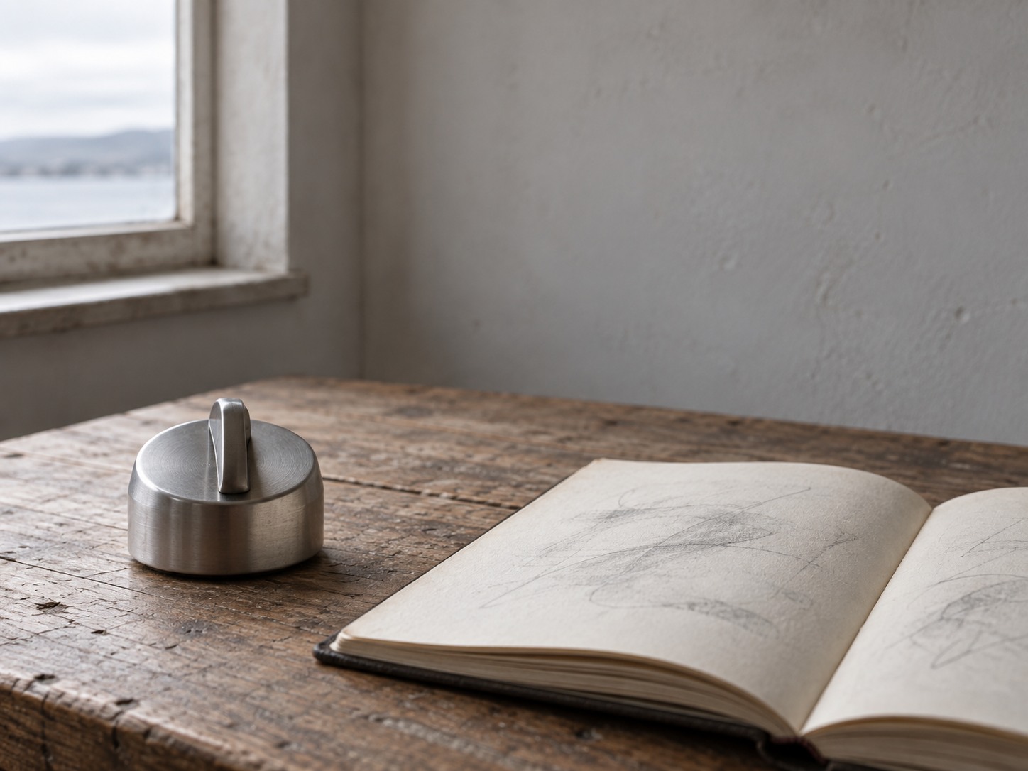 A small kitchen timer beside an open notebook with faint, unreadable pencil tallies on a worn desk.