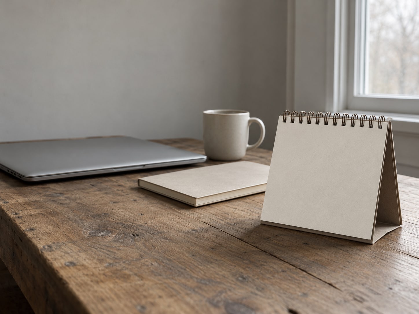 A tidy desk with a closed laptop, a small desk calendar with blank pages and a ceramic mug beside a notebook.