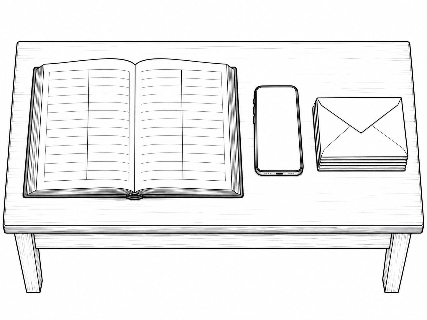 An open ledger with blank columns beside a closed phone and a small stack of unmarked envelopes on a table.