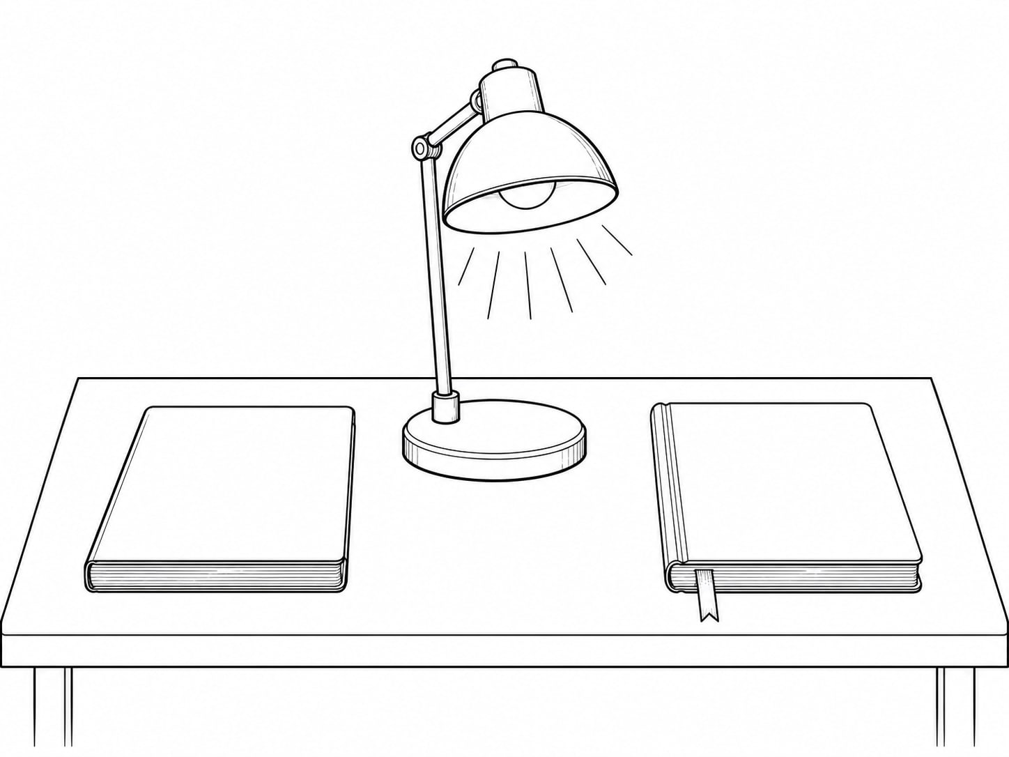 A single lit desk lamp beside two different notebooks, one with a plain cover and one with a ribbon bookmark.