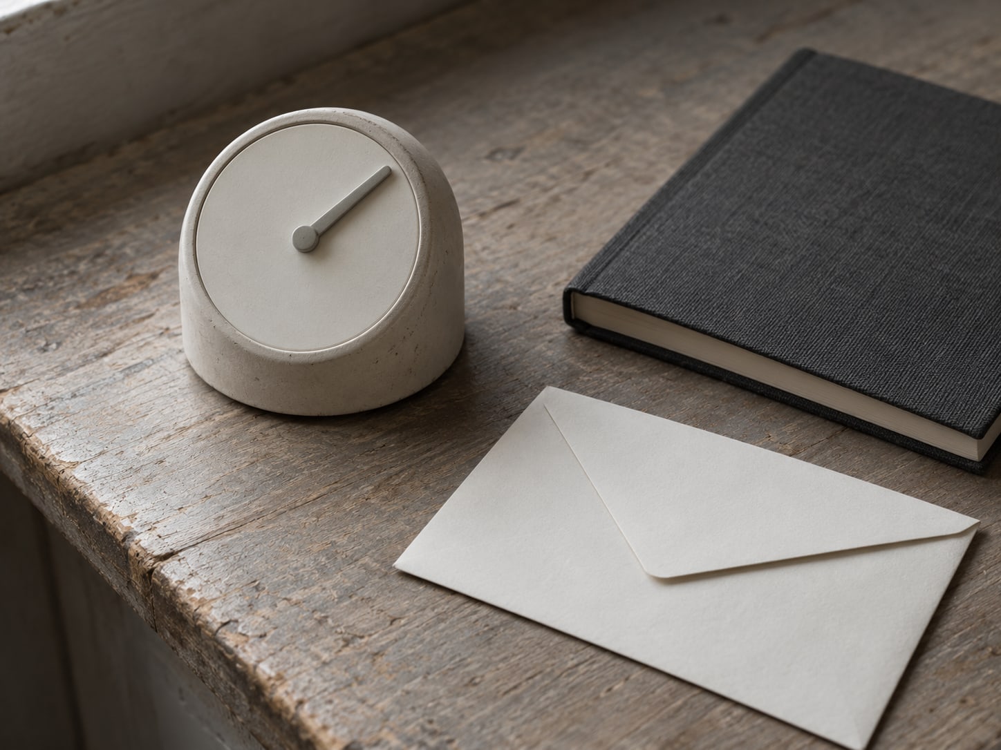 A kitchen timer set to a long interval sitting beside a closed notebook and an unopened envelope on a windowsill.