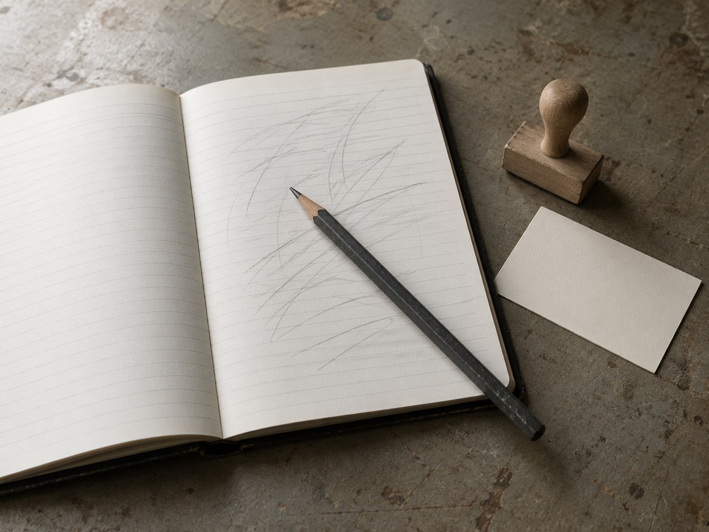 A paper notebook with a pencil resting on a ruled page of unreadable pencil marks, next to a small wooden stamp and a blank index card.