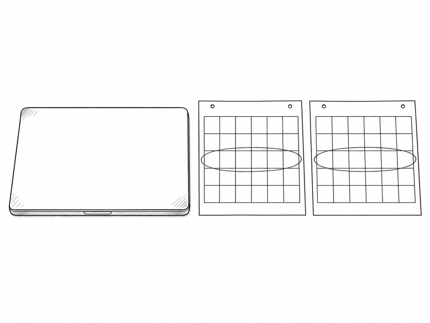 A closed laptop beside two paper calendars laid side by side on a wooden desk, one weekday row circled in pencil on each.