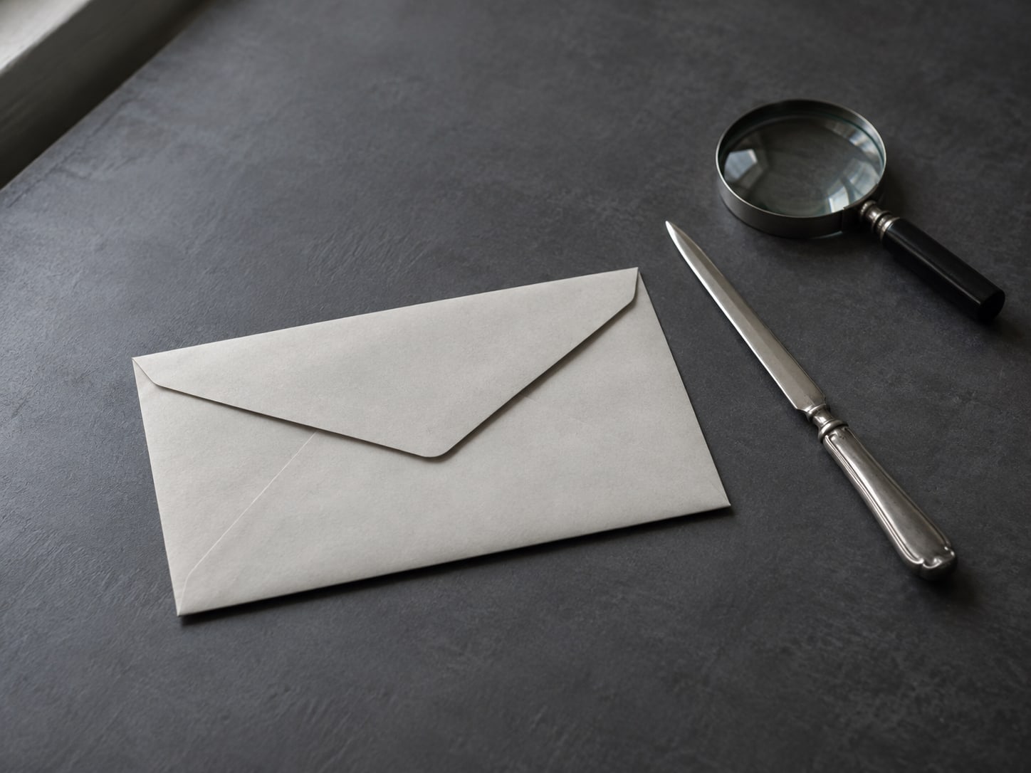 A sealed plain envelope lying beside a silver letter opener and a small magnifying glass on a slate-grey desk.