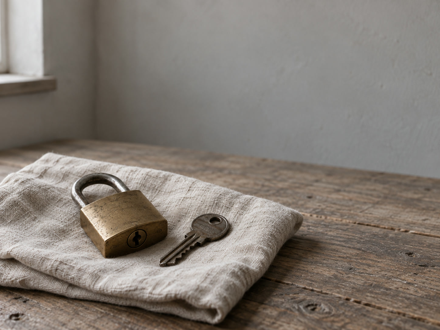 A small brass padlock and an old key resting on a folded linen cloth on a wooden table.