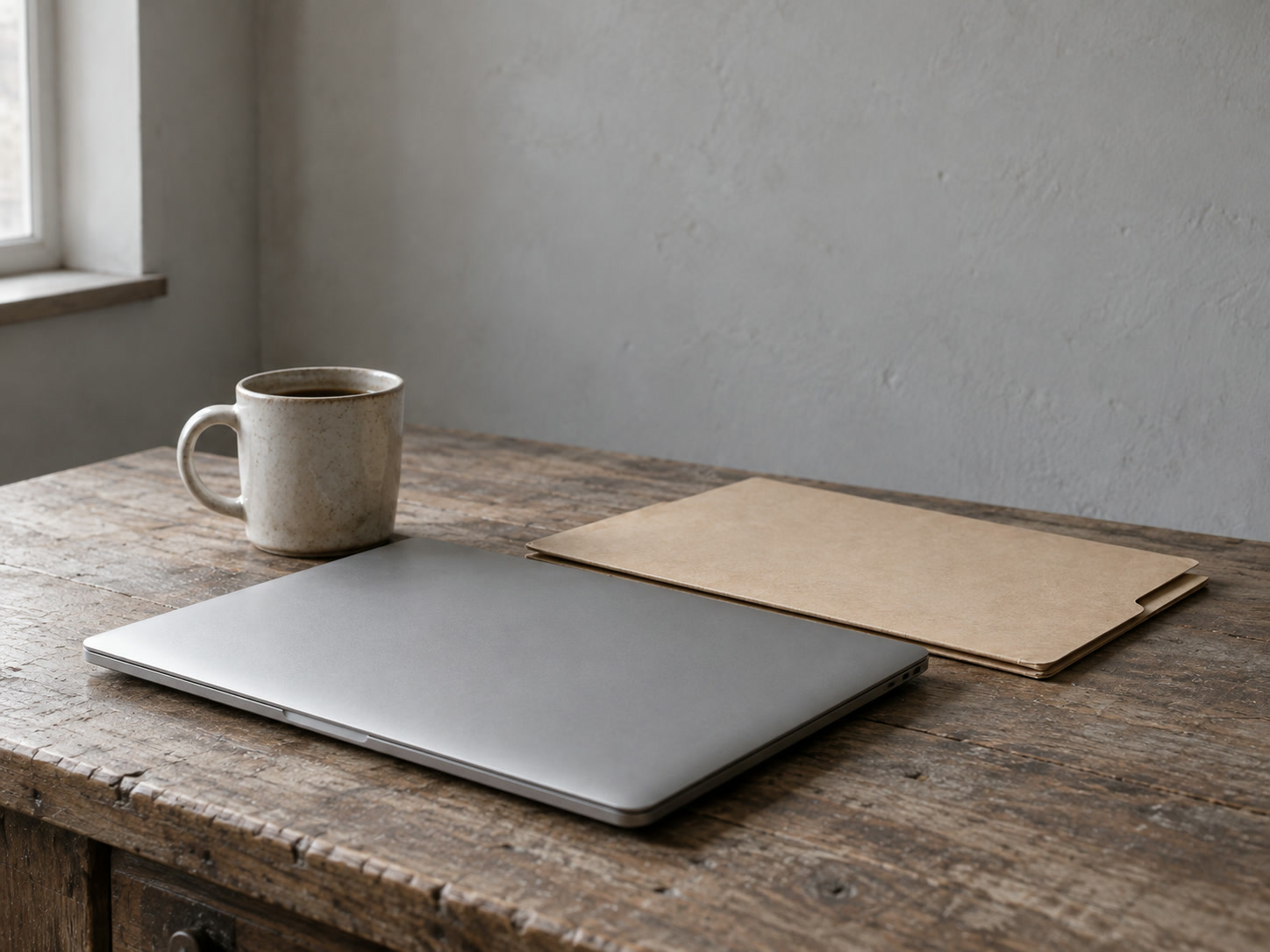 A closed laptop on a wooden desk beside a manila folder and a coffee mug, in soft morning light.