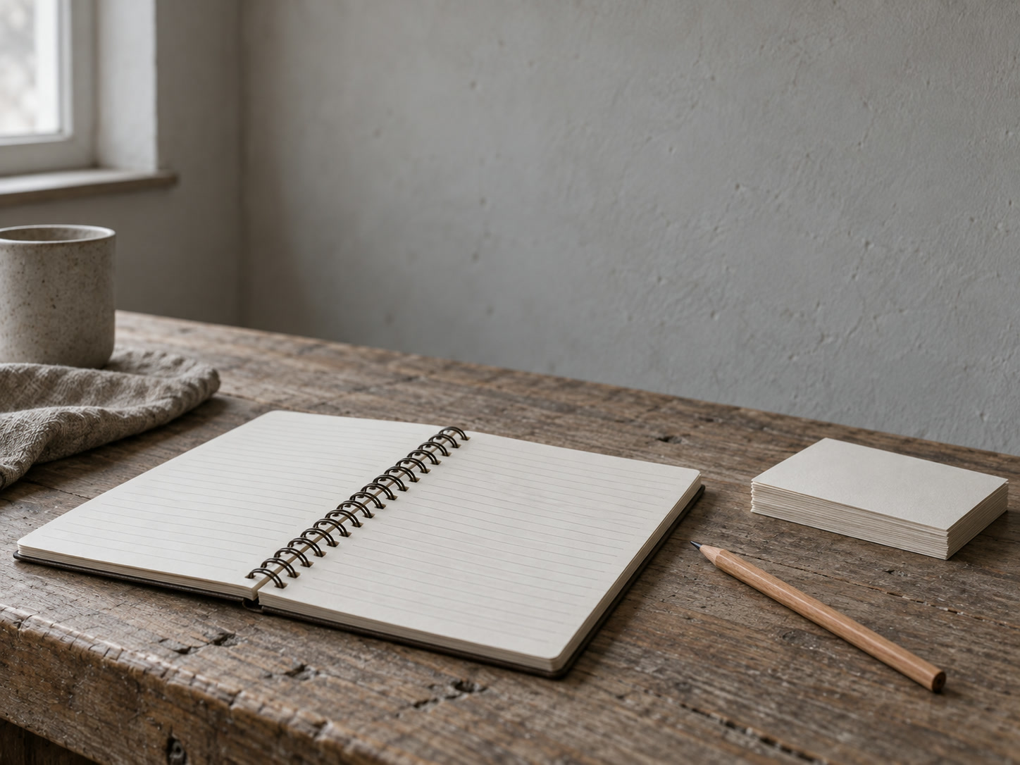 A spiral notebook open on a desk with blank lined pages, a pencil and a small stack of index cards beside it.