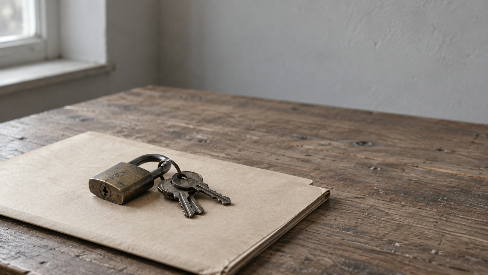 A small brass padlock and a ring of keys on a closed manila folder resting on a wooden desk.
