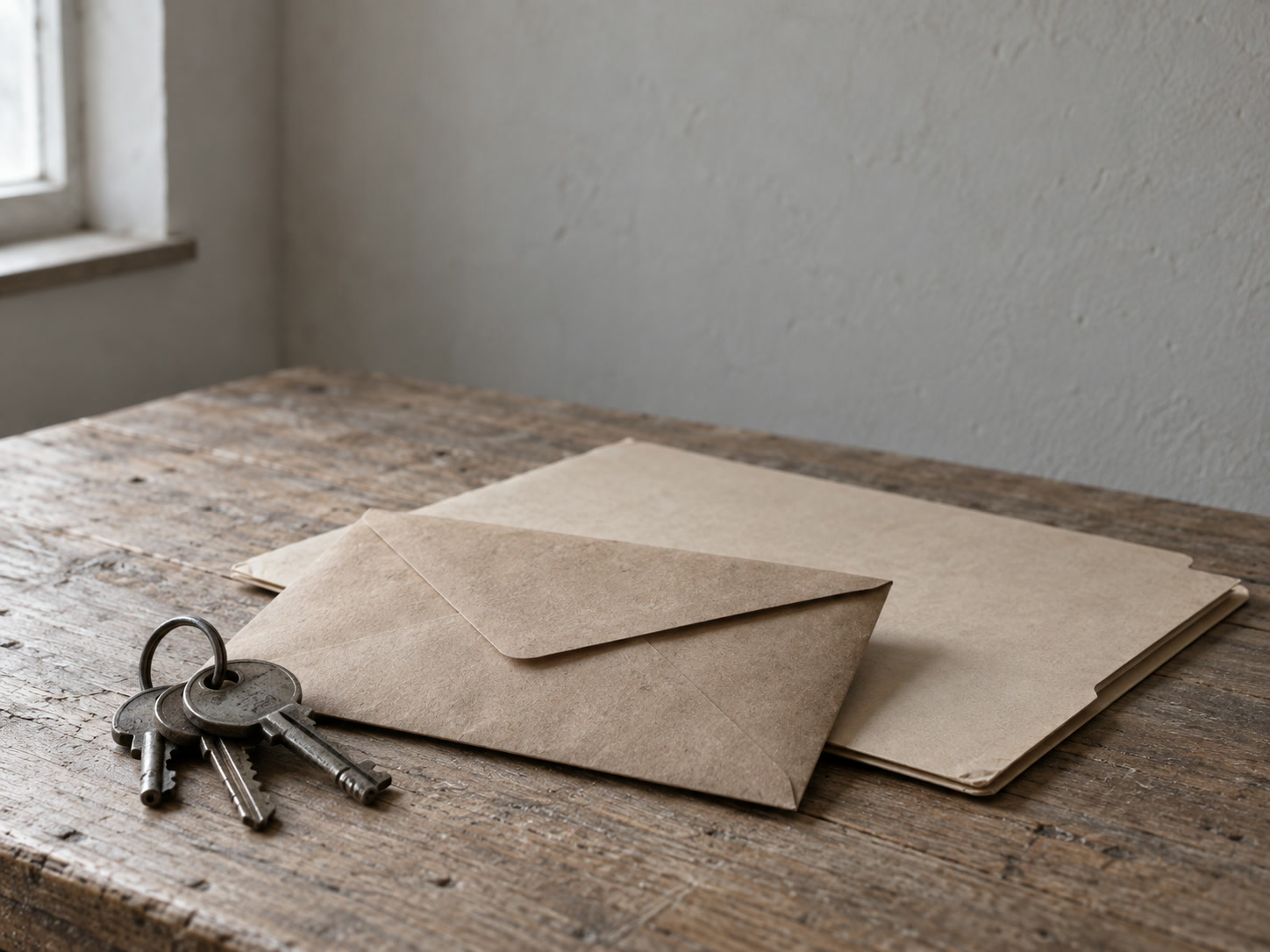 A sealed paper envelope and a small ring of keys on a plain oak table next to a closed folder.