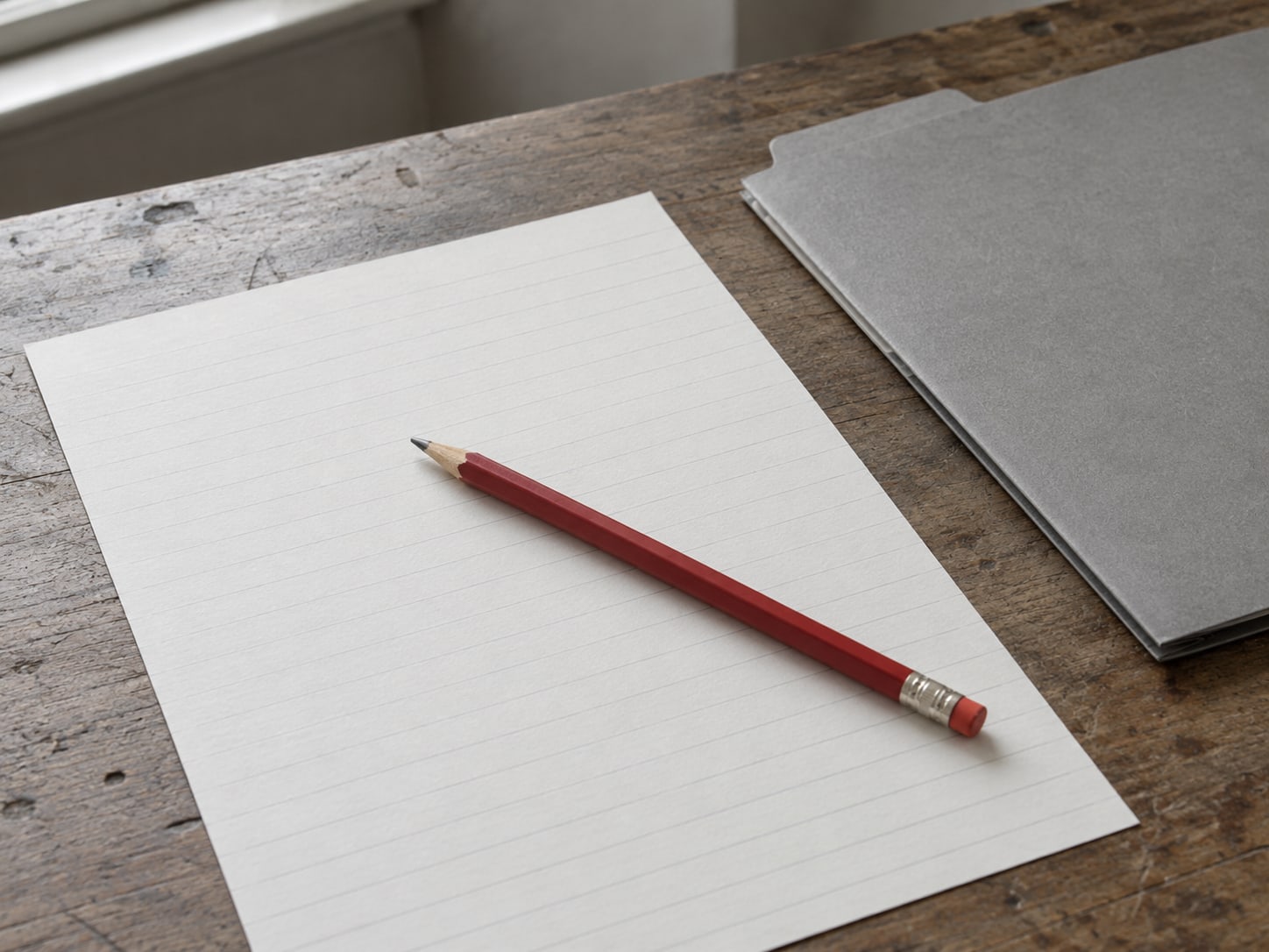 A single red pencil lying across a blank sheet of lined paper next to a closed folder.