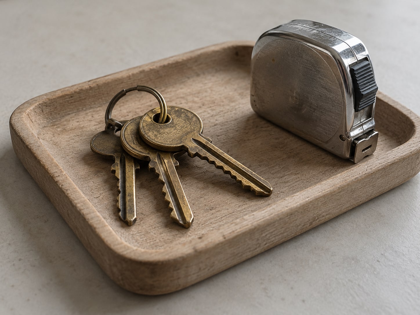 A ring of brass keys on a small wooden tray beside a closed tape measure.