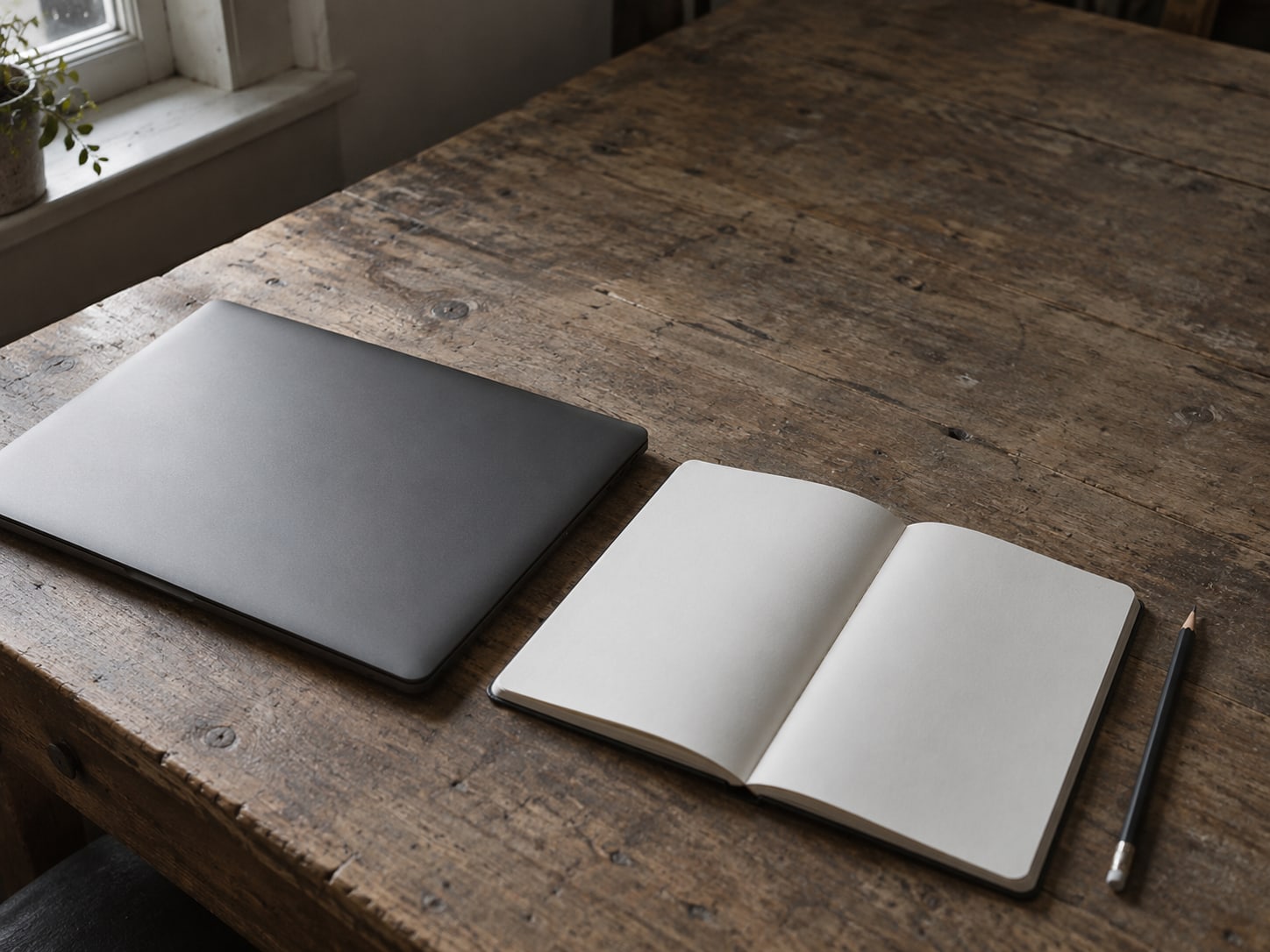 A closed laptop next to a blank notebook and a pencil on a worn wooden desk in soft morning light.