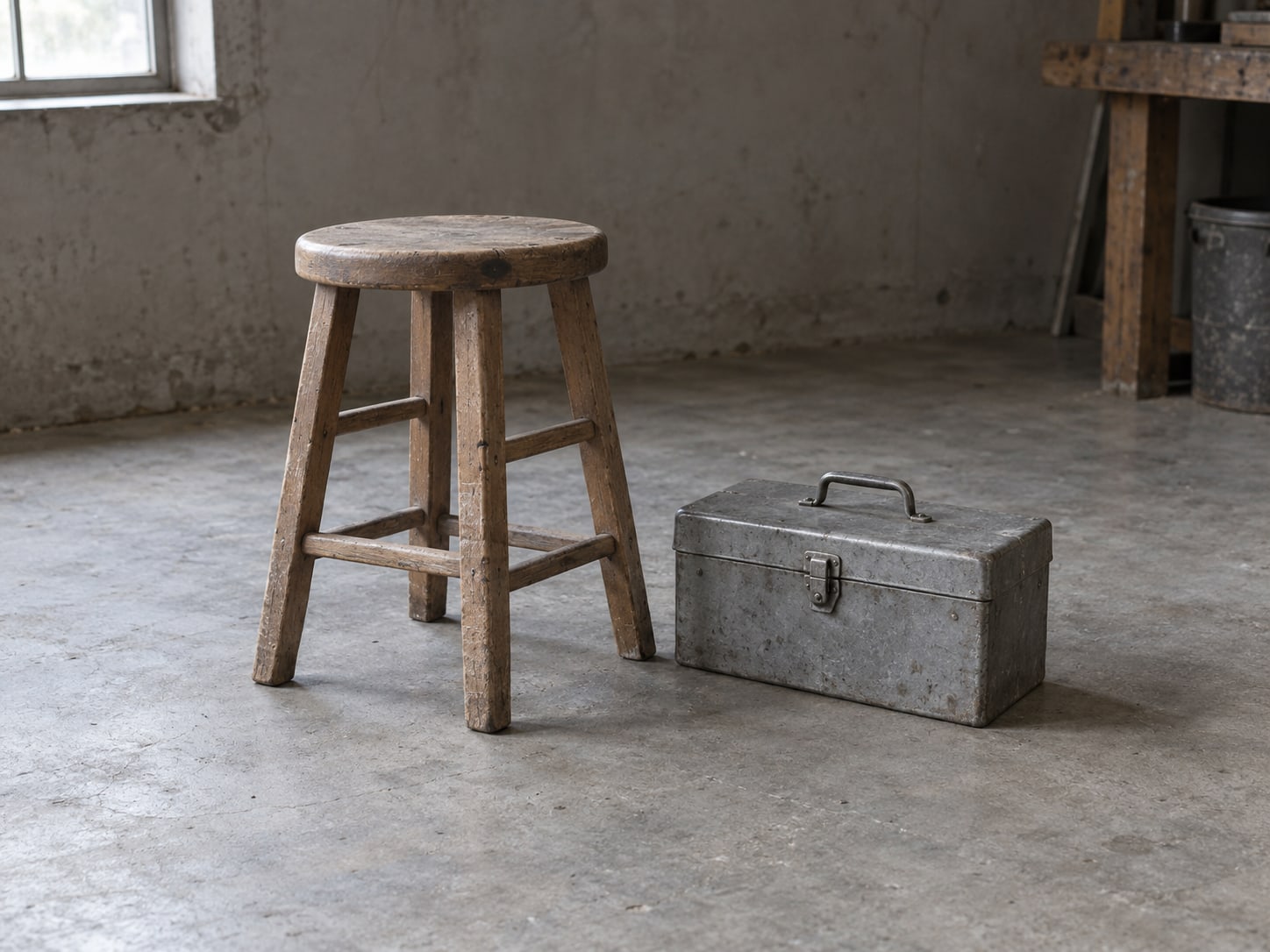 A single sturdy wooden stool beside a closed toolbox on a bare workshop floor.