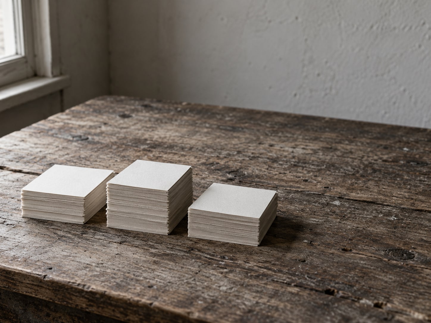 A small stack of blank index cards sorted into three tidy piles on a wooden table.