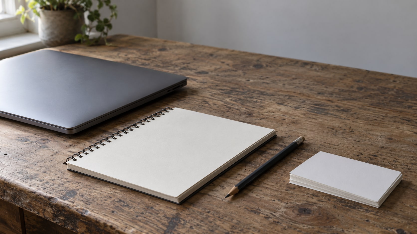 A closed laptop, a blank notebook and a pencil on a worn wooden desk in soft daylight, with a small stack of index cards beside them.
