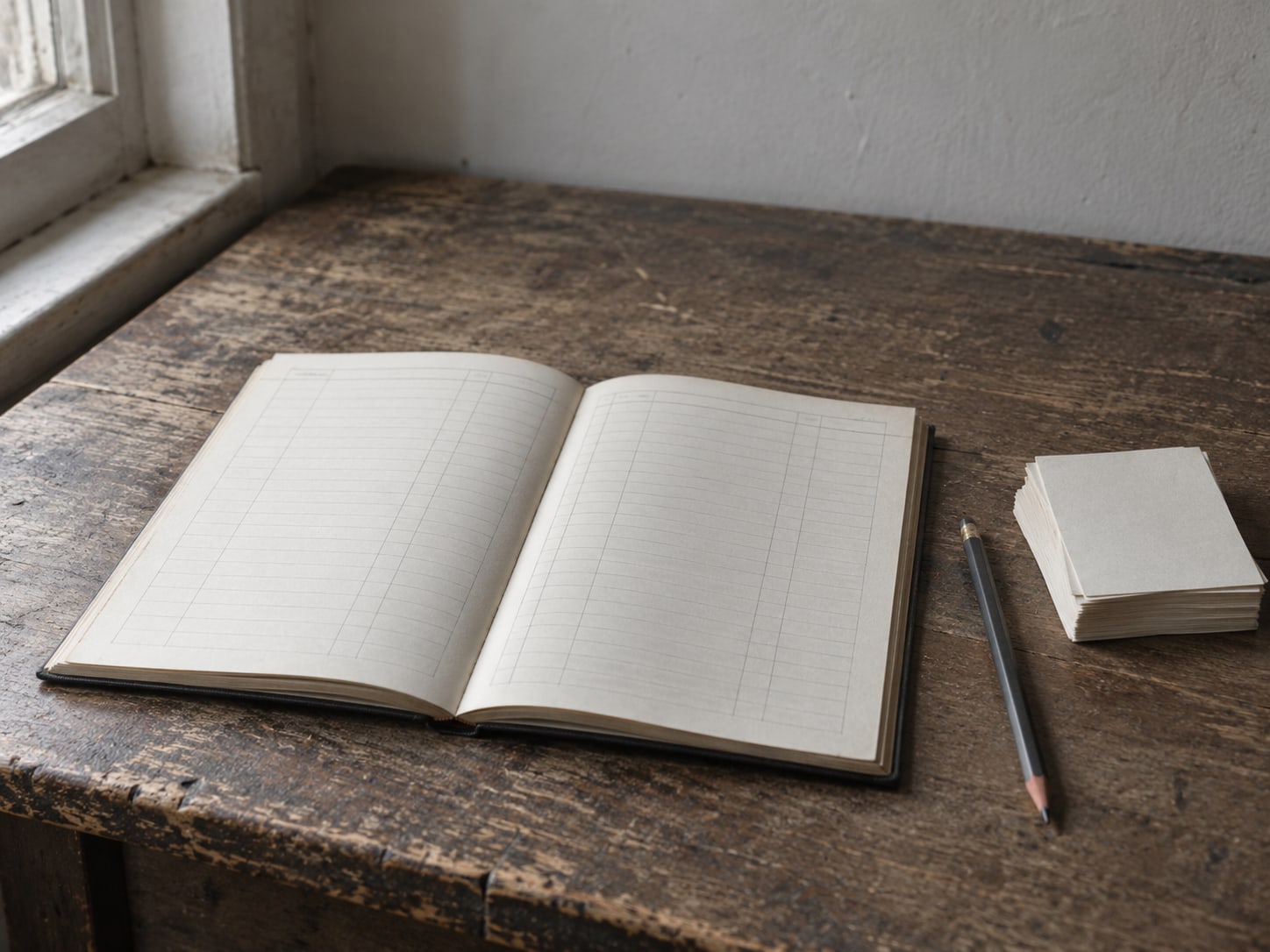 A paper appointment book open on a counter beside a pencil and a small stack of blank order slips.