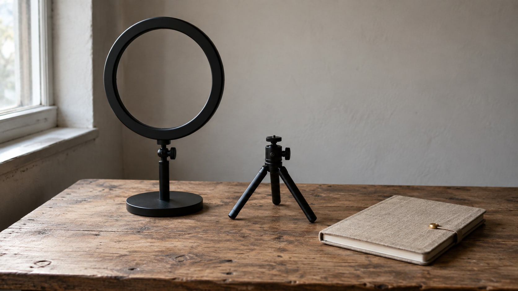 A ring light, a small tripod and a closed notebook arranged on a plain wooden table in soft window light.