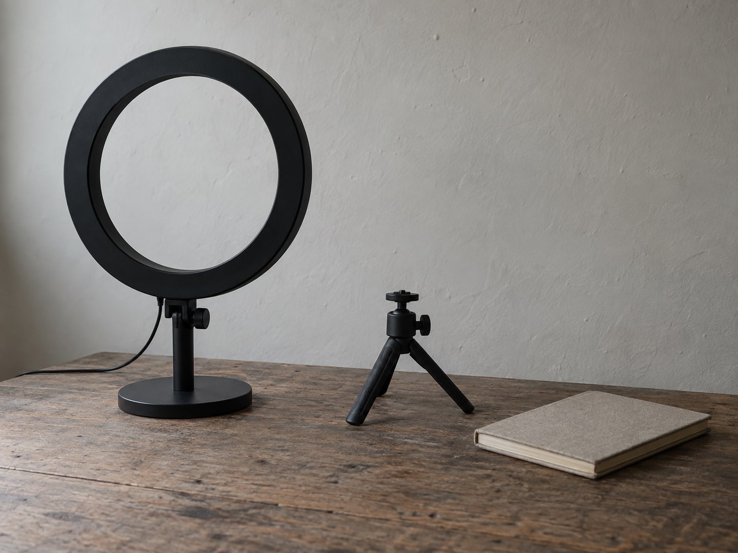A ring light and a small tripod standing on a bare table beside a closed notebook, with a windowsill of morning light behind them.