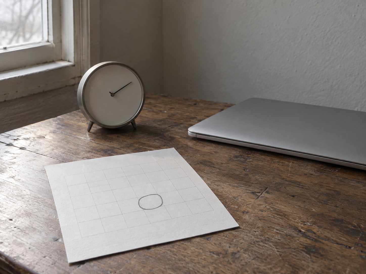 A wall calendar with one date circled in pencil beside a small clock and a closed laptop on a wooden desk.