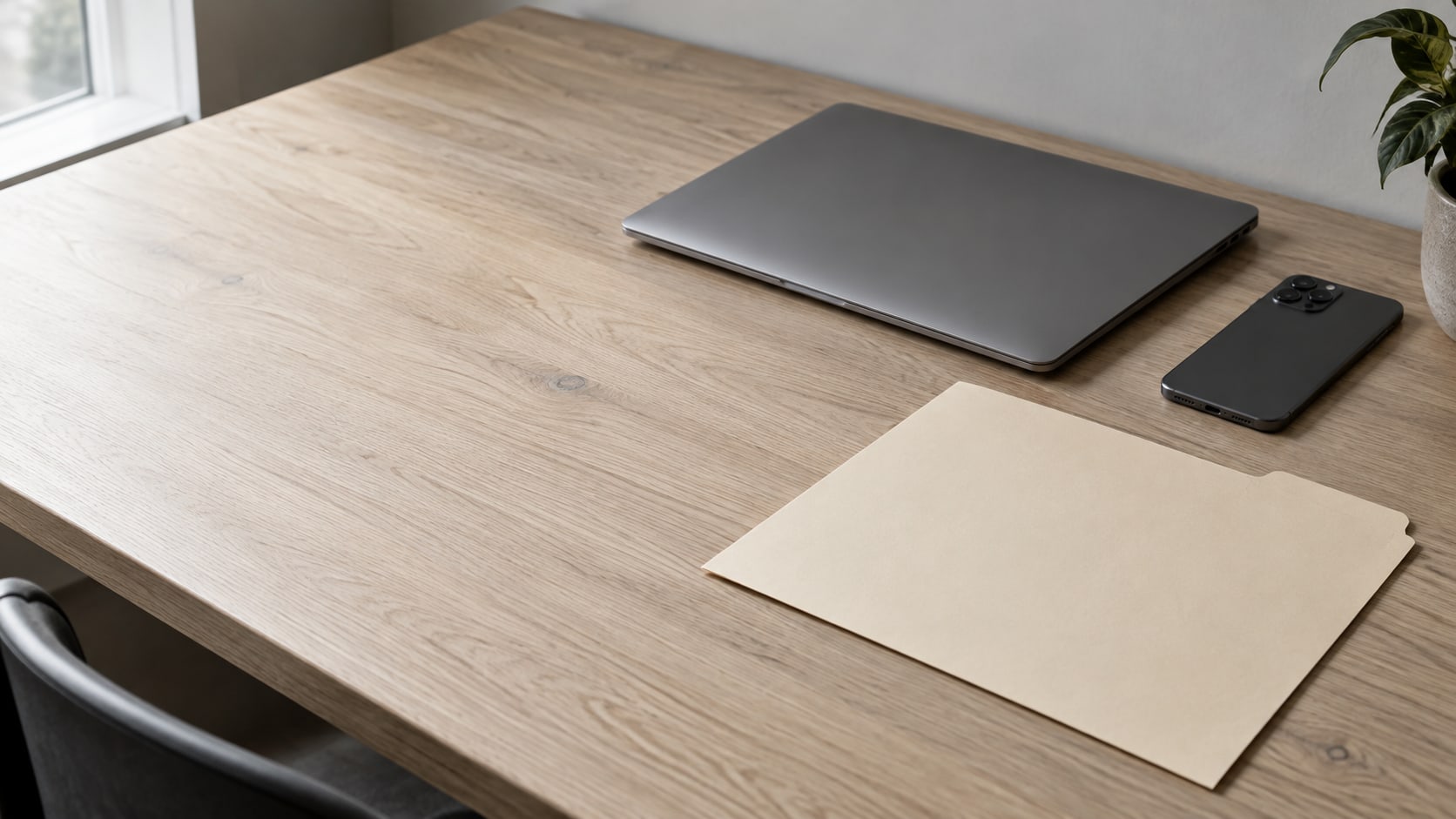 A closed laptop and a phone lying face down beside a blank manila folder on a pale oak desk.