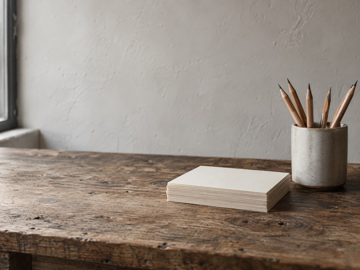 A stack of blank cream note cards and a small ceramic cup of pencils on a shop counter made of reclaimed wood.