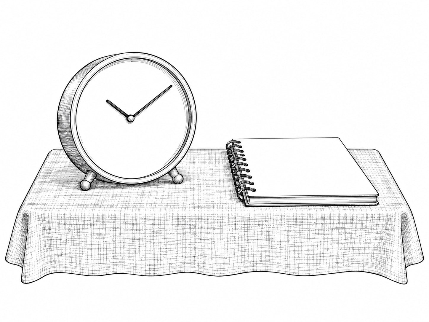 A small desk clock and an unopened spiral notebook set side by side on a gray linen tablecloth.