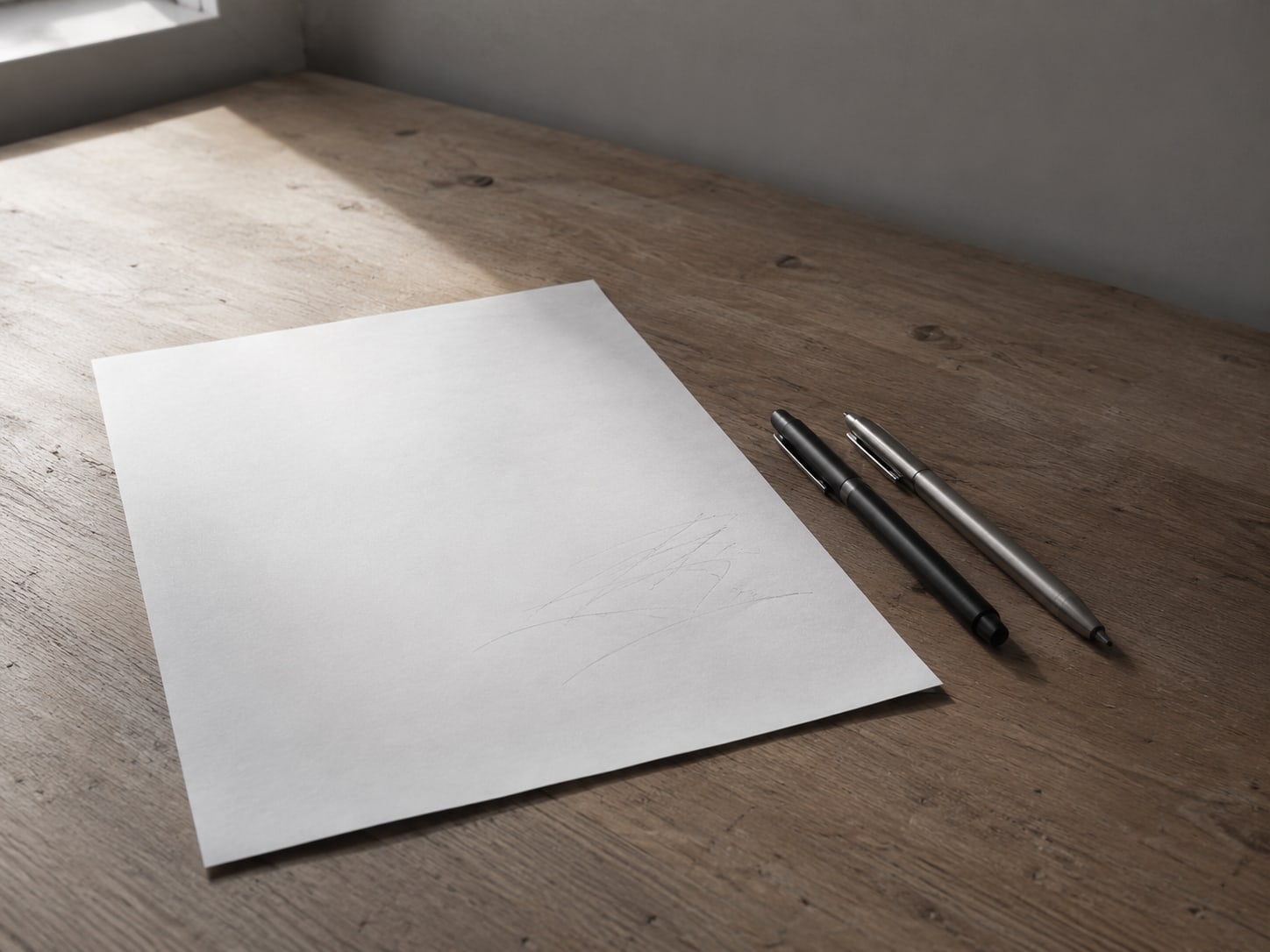 A blank sheet of paper with faint pencil marks lies beside two pens on a plain wooden desk.