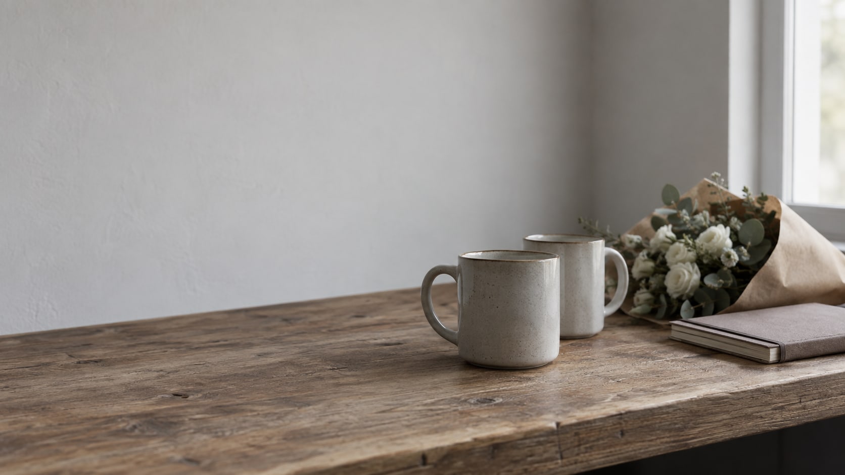 Two ceramic mugs and a small bunch of wrapped flowers on a bare wooden counter beside a closed notebook.