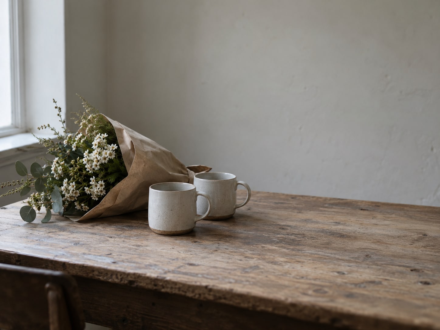 Two empty ceramic mugs beside a small bunch of flowers wrapped in plain paper on a bare table.