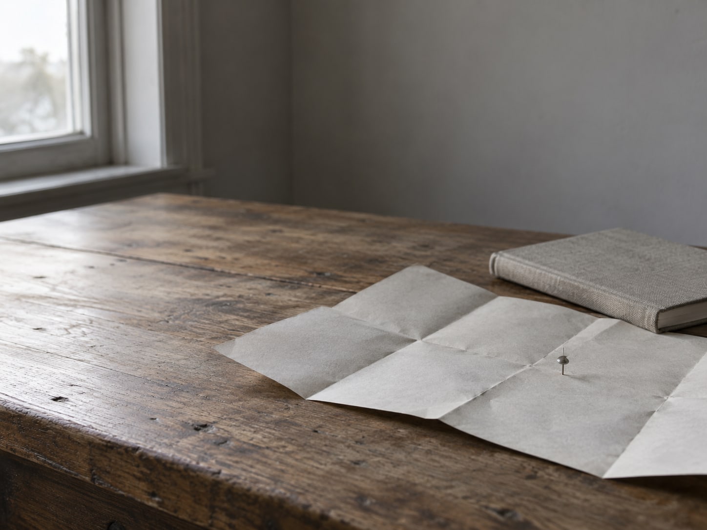 A folded paper map with a single pushpin standing in it, resting beside a closed notebook on a wooden desk.