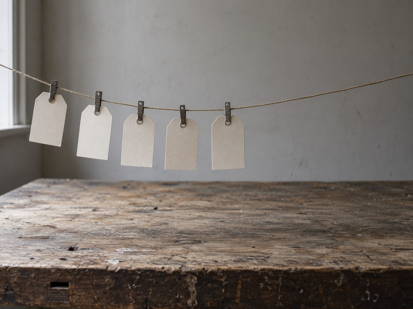 A small row of blank paper tags clipped to a string above a wooden workbench.
