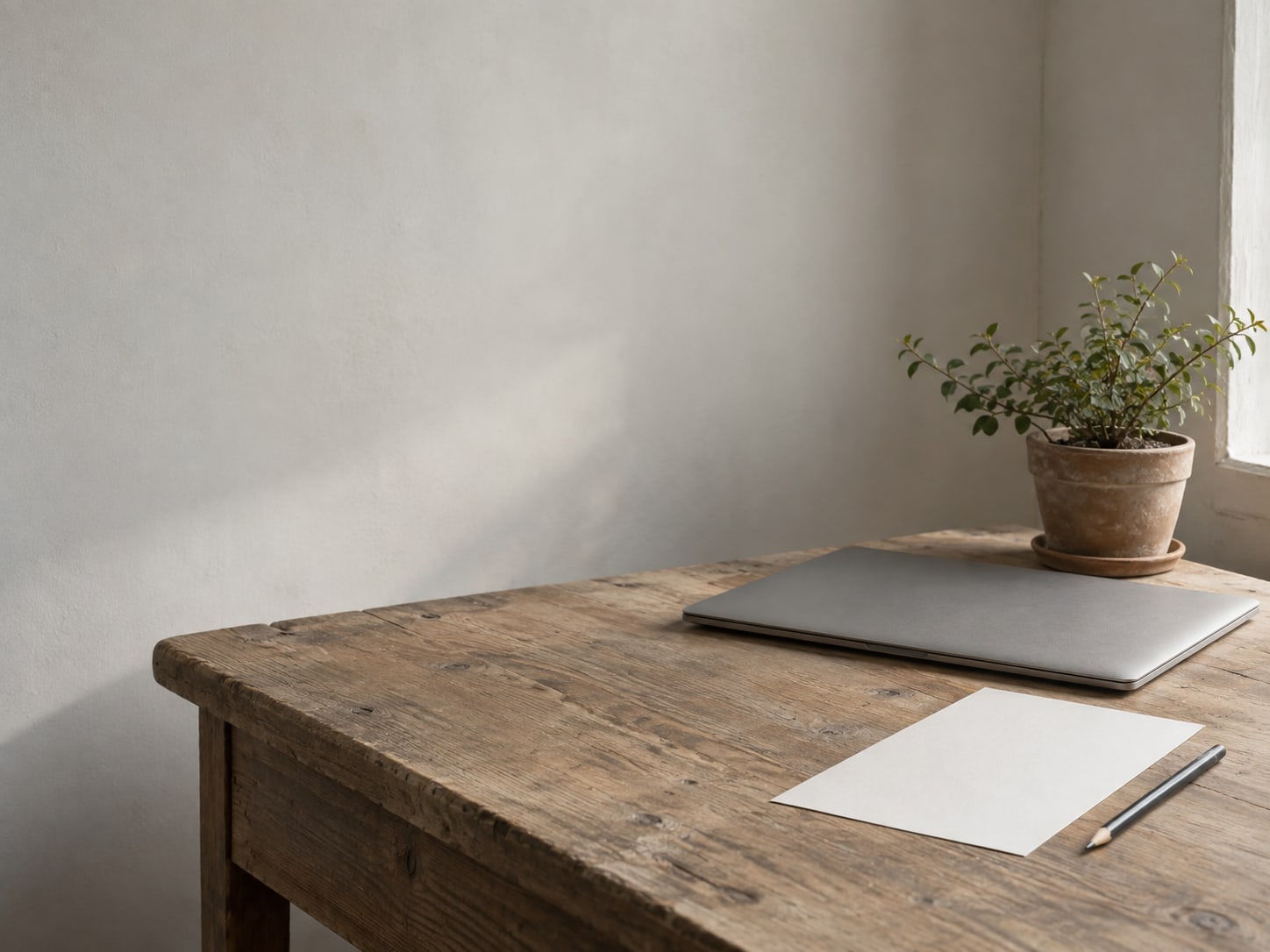 A tidy wooden desk with a closed laptop, a small plant in a clay pot and a blank sheet of paper beside a pencil.