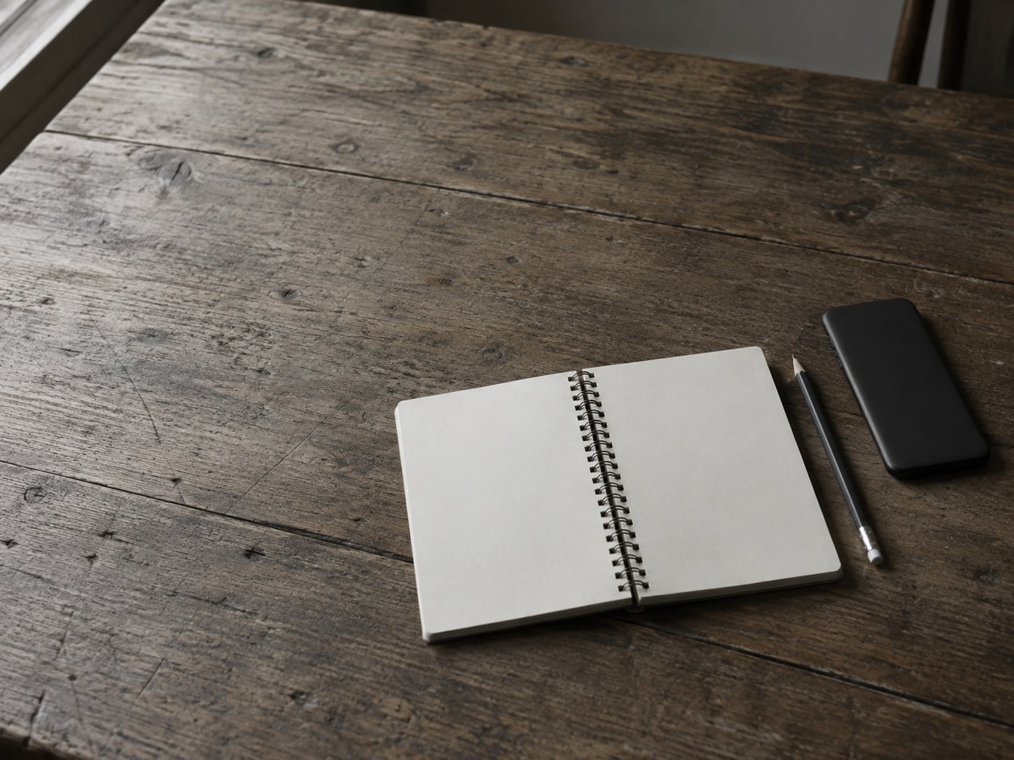 A plain spiral notebook open to blank ruled pages beside a pencil and a closed phone lying face down on a wooden desk.