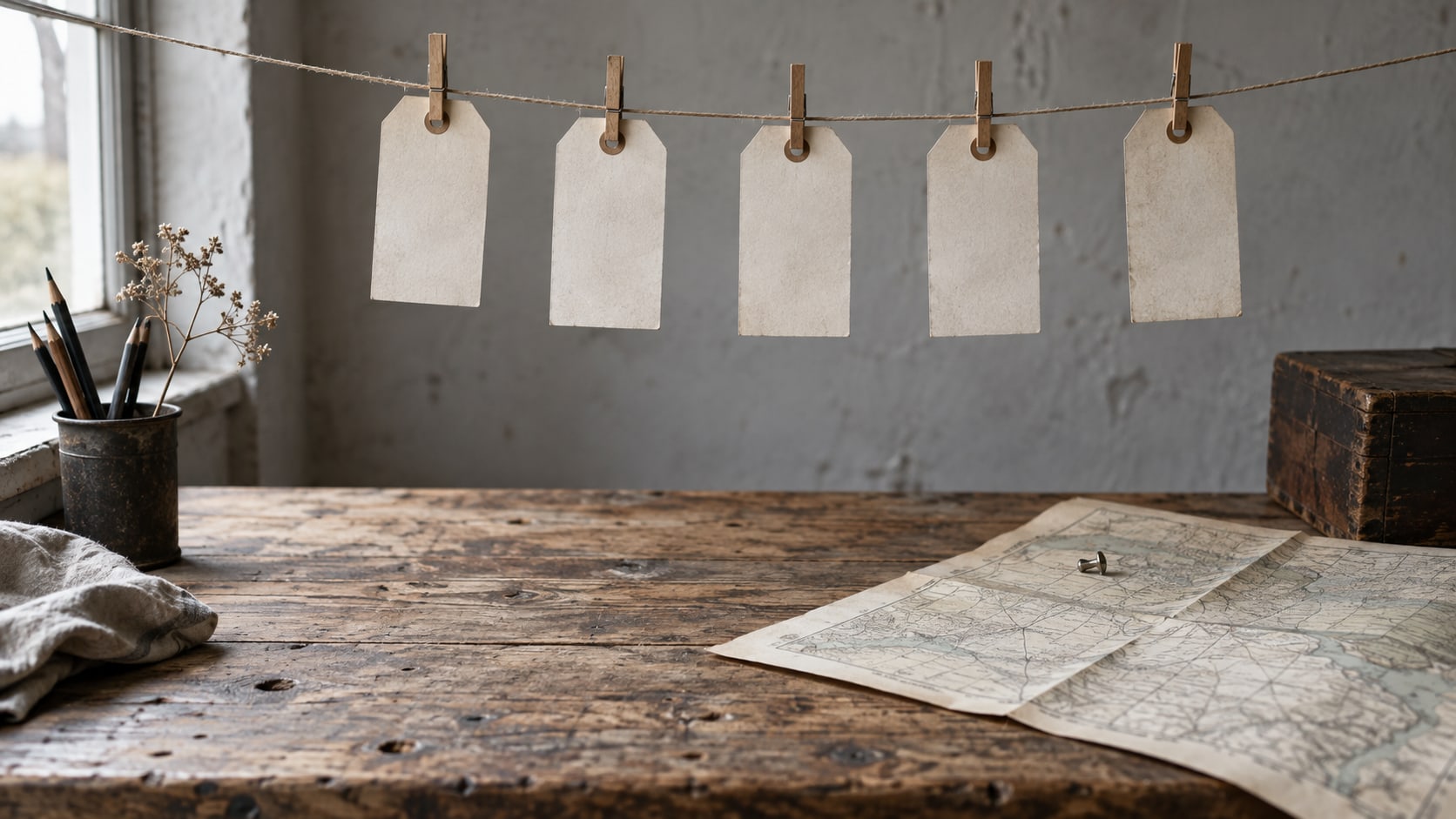 A row of blank paper tags clipped to a string above a wooden workbench, beside a folded paper map with a single pushpin.