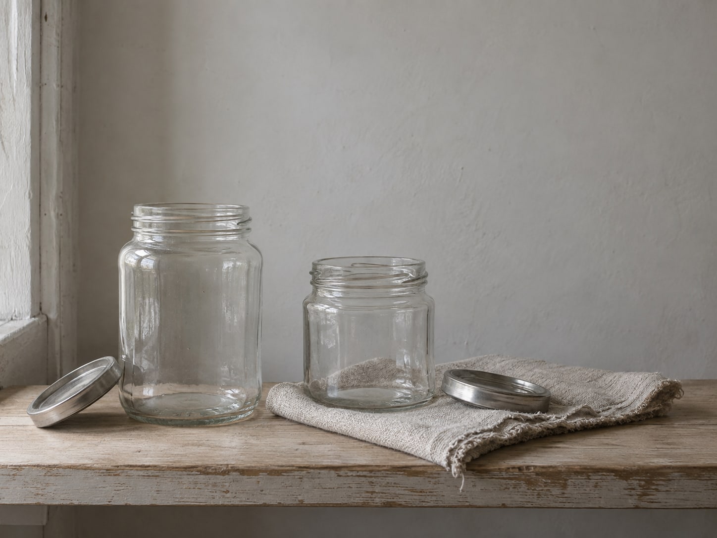Two empty glass jars with their lids off, one on a plain wooden shelf and one on a folded linen cloth.