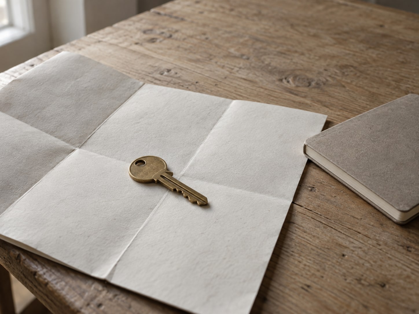 A single brass key resting on a folded blank map next to a small notebook on a wooden table.