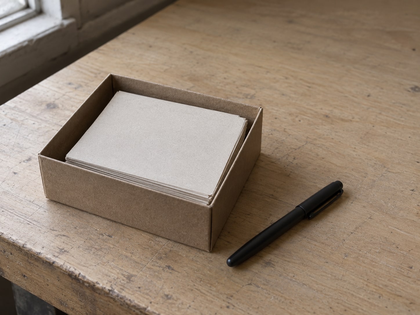 A small box of printed thank-you notes with a closed pen beside it on a counter, the notes face down.