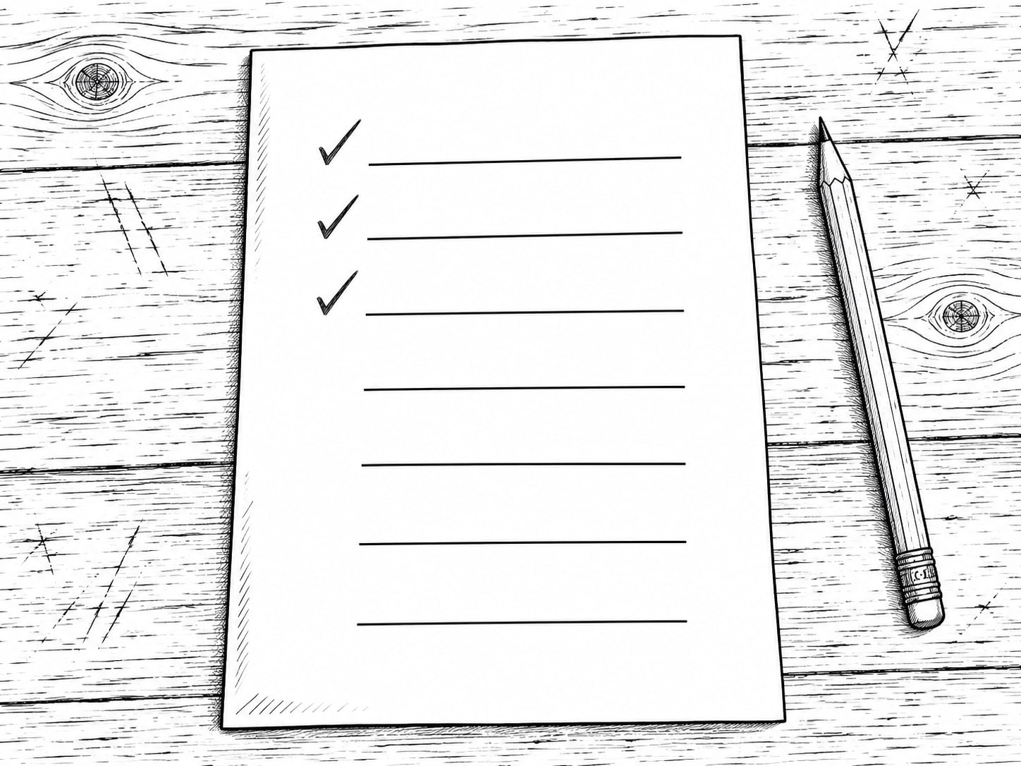 A worn wooden desk with a pencil and a printed list of pages, several items checked off with small pencil ticks.